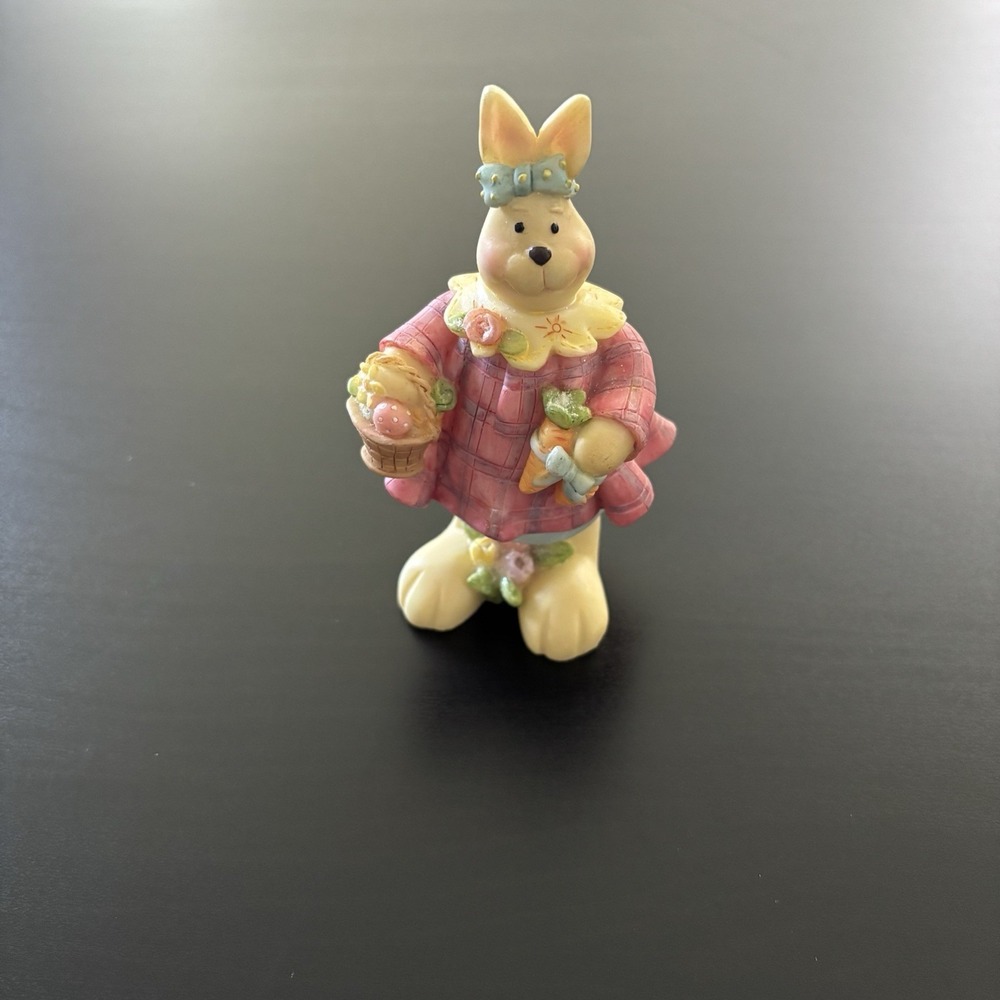 Tan Easter Bunny‎ Statue Pink Dress w/ Basket + Carrot 4" Figure